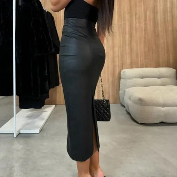 Faux Leather Pencil Skirt High Waist Bodycon Midi Work Wear